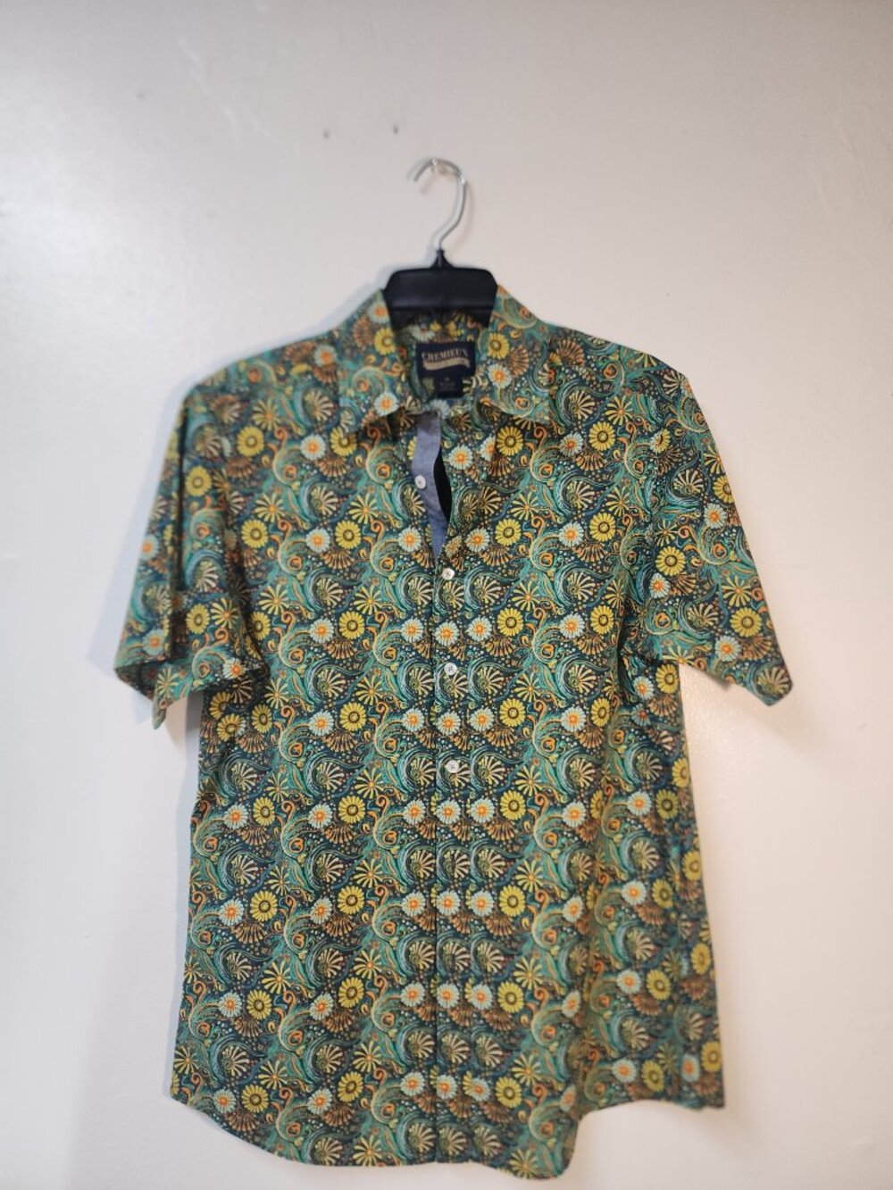 Cremieux Mens medium cotton blend green print short sleeve shirt NWT